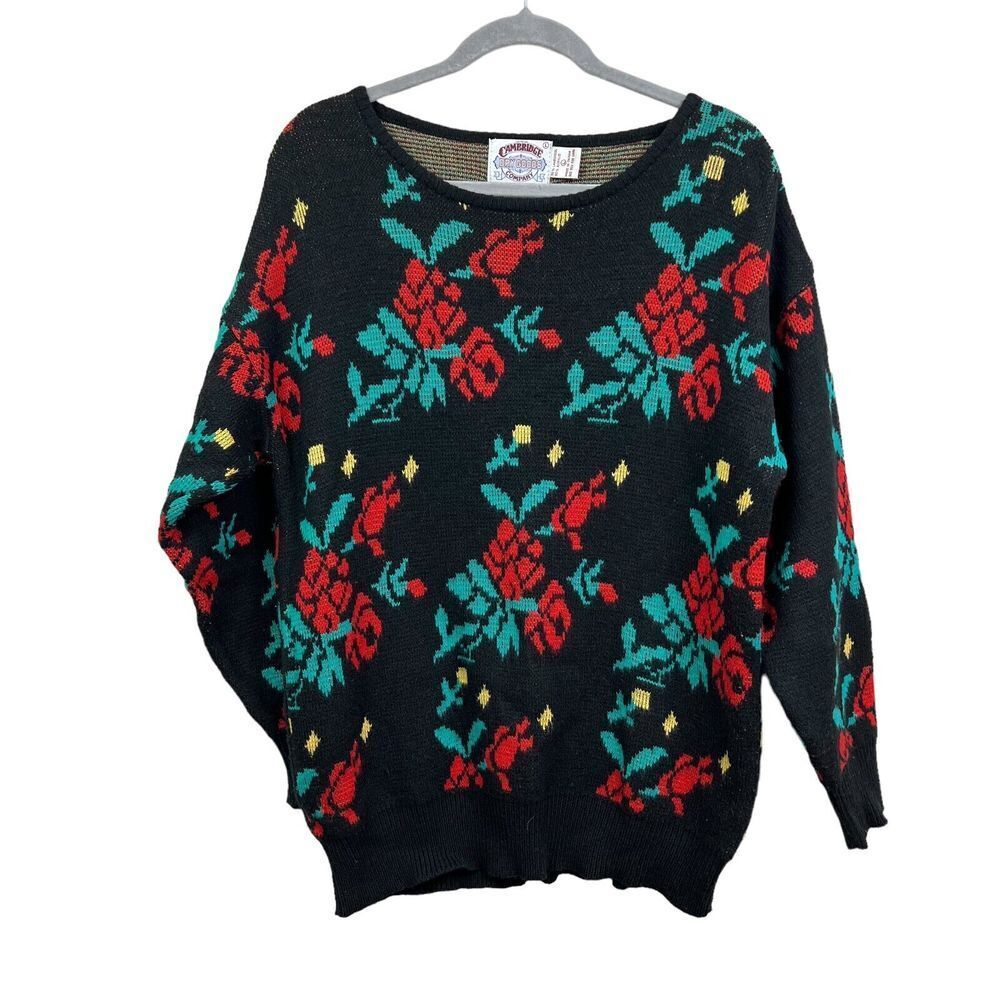 Cambridge Dry Goods Lambswool Blend Sweater Black Floral Round Neck Women Sz L*